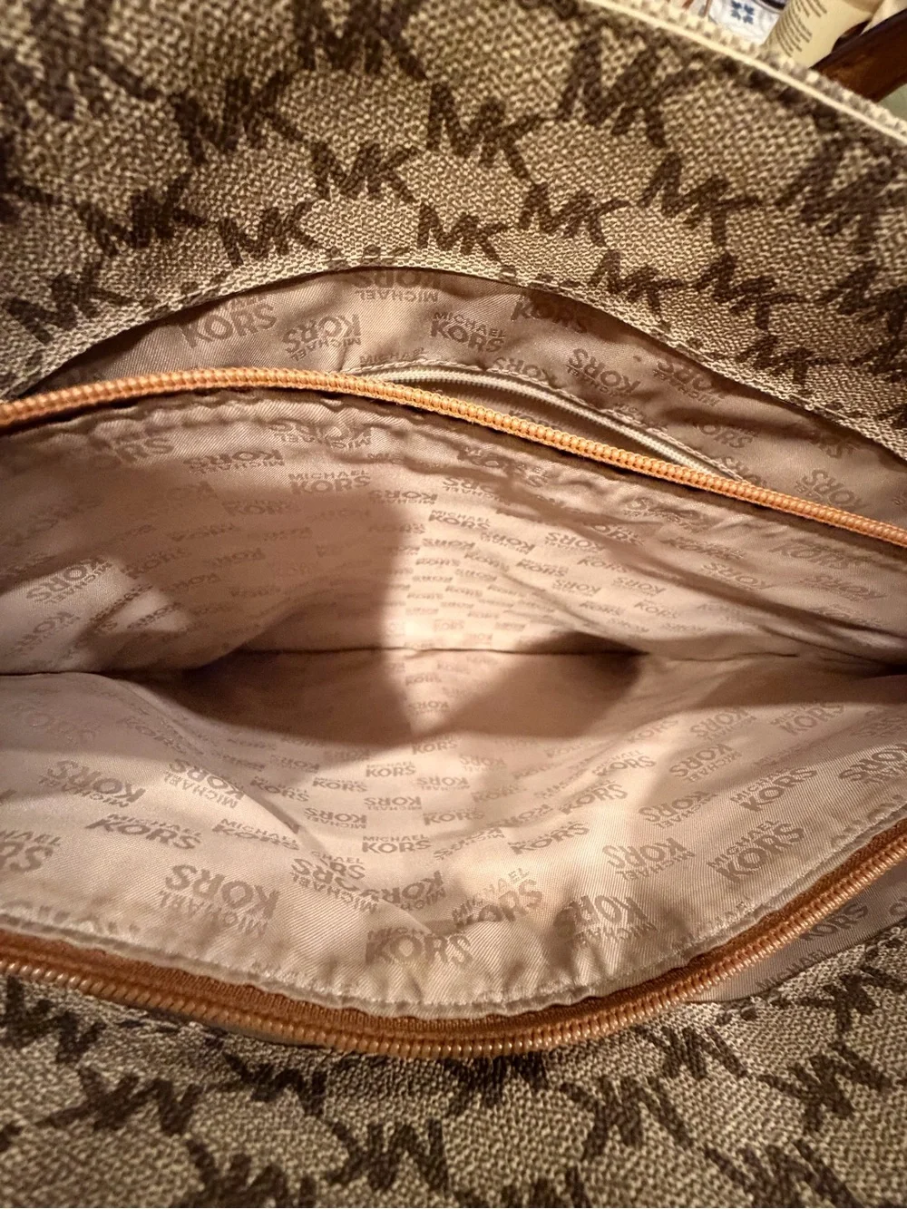Michael Kors Tan/Beige MK Signature Tote with Front Pocket